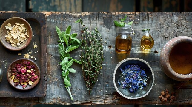 The art of brewing herbal elixirs, shown in magazine photography style, with detailed shots of ingredients and the serene setting of a modern herbalist's workshop