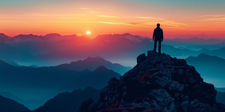 Silhouette of a man on top of a mountain peak.