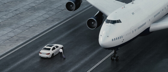 Businessman standing next to car on the runway close to airplane.