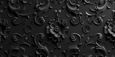 Intricate Dark Ornate Pattern Wallpaper. Black 3D Rosette Background.