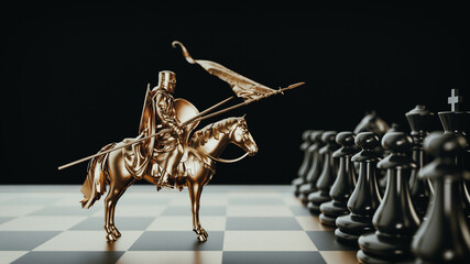 Golden chess image on the chessboard It conveys competition and challenge. Indicates luxury and elegance.