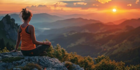 Contemplative Woman Gazing at Sunset in Mountains