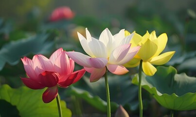 there are several lotus flowers blooming in different colors, Generative AI