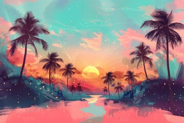 Abstract summer landscape with sea and palm trees