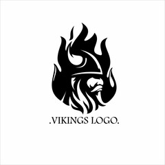 Viking logo illustration. Barbarian man head icon with horns and fire symbol.