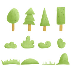 Set watercolor vector elements trees, grass and bushes.