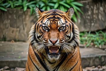 Fototapeta premium Angry tiger,Sumatran tiger (Panthera tigris sumatrae) beautiful animal and his portrait. Portrait of a tiger