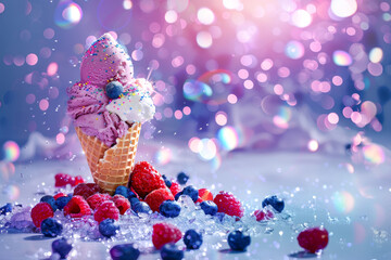 Tasty fruit ice cream in a cone, placed in little ice cubes with fresh berries, sparkling background with purple and pink bokeh light.