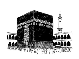 holy kaaba engraving black and white outline
