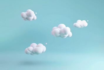 Small cute white fluffy three-dimensional clouds floating against light pastel blue background.
