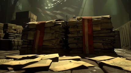 Letters From the Front An aged American flag draped over a stack of worn letters tied with a red ribbon