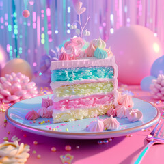 Rainbow coloured cake in pastel colours with baby pink frosting and decorations, little girls fairy-tale like party