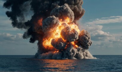 Bomb explosion in sea Fire and smoke on water. explosion bomb in ocean