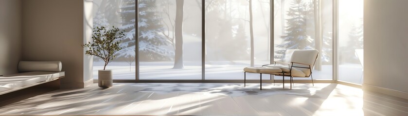 A minimalist living room with a large window looking out onto a snowy forest