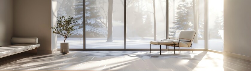 Fototapeta premium A minimalist living room with a large window looking out onto a snowy forest