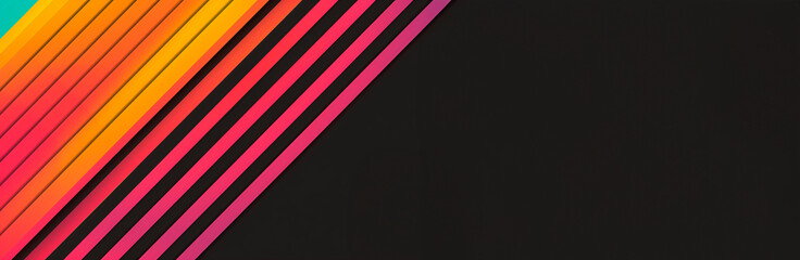Vintage 80s or 70s style diagonal stripes in shades of yellow, orange, pink, and red on a black background, copy space.
