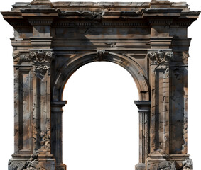Obraz premium Ancient stone arch or gate with detailed carvings. Isolated on a transparent background.
