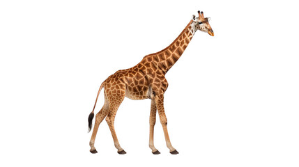 A giraffe is walking on a white background