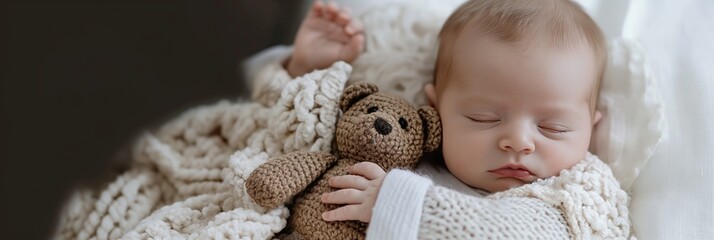 Peaceful sleeping newborn baby cuddles with a teddy bear wrapped in a warm blanket