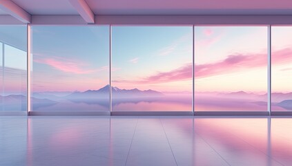 A beautiful view of the ocean and mountains with a pink sky. The scene is peaceful and serene