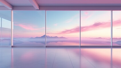 Fototapeta premium A beautiful view of the ocean and mountains with a pink sky. The scene is peaceful and serene