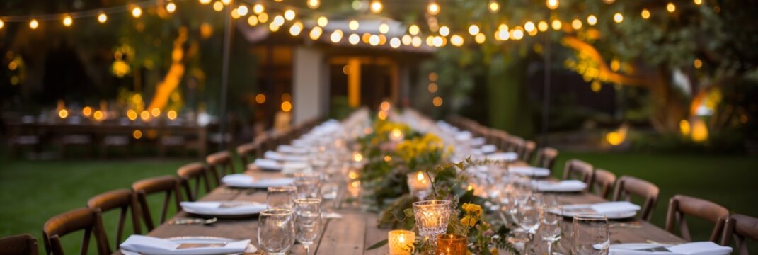 Long banquet table set outdoors in the evening, adorned with lights for a festive or ceremonial event, with blurred faces