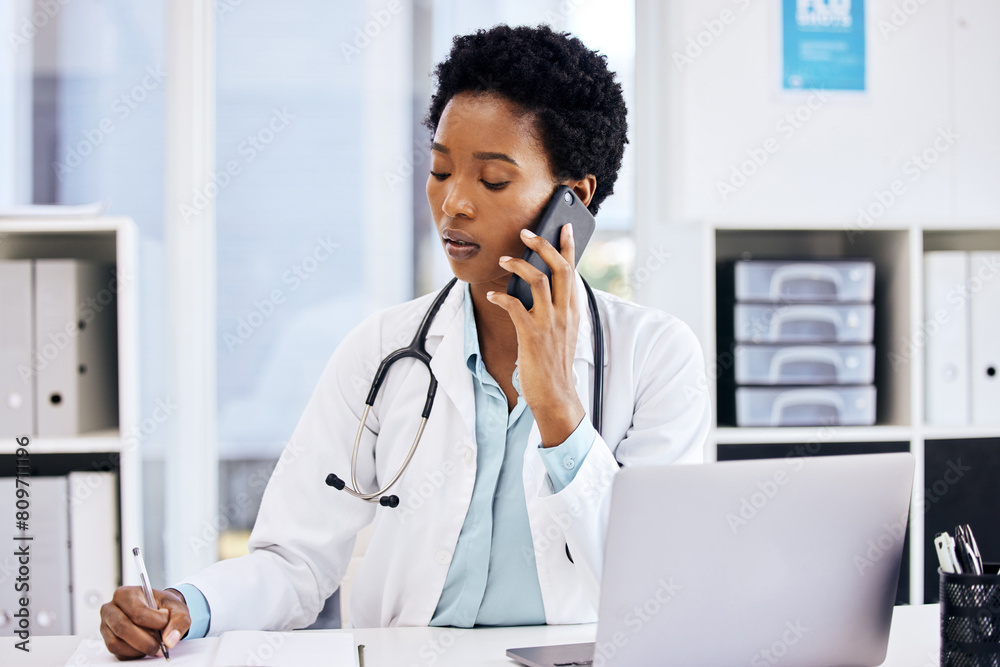 Sticker Laptop, phone call and writing with doctor black woman in hospital office for appointment. Computer, notebook and schedule with medicine professional in cardiology clinic for healthcare or planning