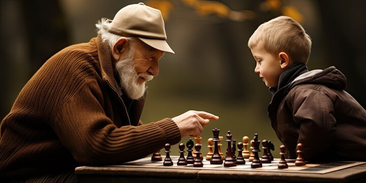 A man and a boy are playing chess. The boy is smiling and the man is smiling back. Scene is happy and friendly