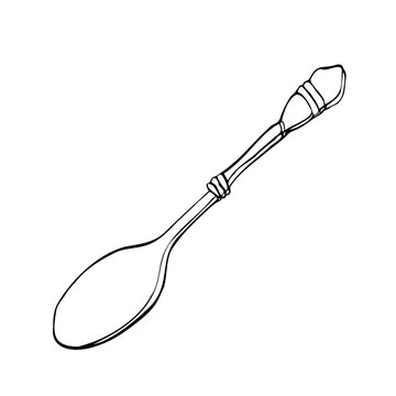 Line tea spoon in Victorian style, vector illustration. Hand drawn contour sketch on isolated background. Linear drawing