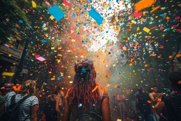 An exuberant moment captured during a street party where colorful confetti explodes over a person...