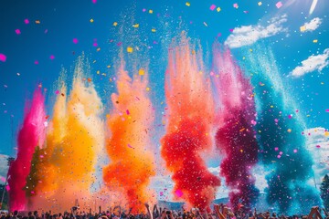 A lively image showcasing a crowd at a festival, reveling under a breathtaking display of colorful smoke