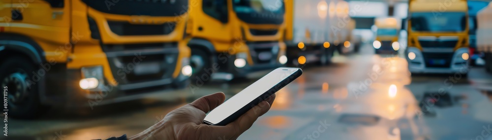 Wall mural a hand holding a smartphone with a blank screen in front of a row of parked semi trucks.