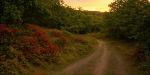 Naklejka premium A dirt road surrounded by flowers,sunset in the forest