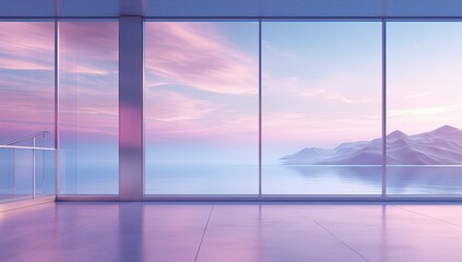 Tranquil Vista: Expansive Glass Window Frames Stunning Ocean and Mountain Views Against a Soft Pink Sky