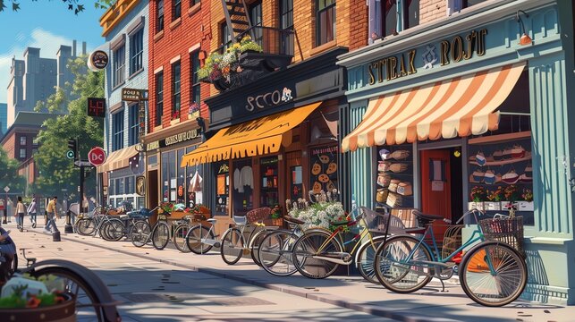 Charming urban street with a row of vintage bicycles parked outside colorful shops and cafes.