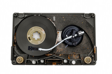 Turntable arm on old dirty audio cassette tape on white background
