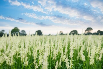 Fototapeta premium Beautiful White Grass flower Field on blue sky nature background