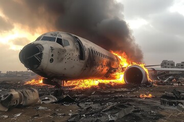 The harrowing image captures the wreckage of an airliner burning fiercely amidst scattered debris and rising smoke clouds