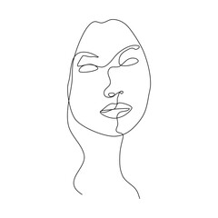 Woman face line drawing art. Abstract minimal female face icon, logo