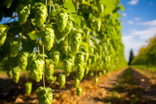 Green fresh hop heads for beer making, just before harvest close-up