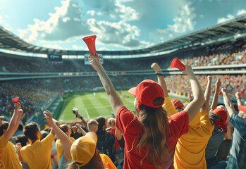 Sports fans holding horns and cheering for a soccer game inside a stadium