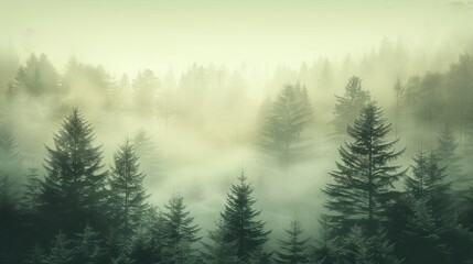 Obraz premium Vertical background of a foggy autumn forest landscape. Panoramic view of the taiga. Tall trees in the northern autumn fog.