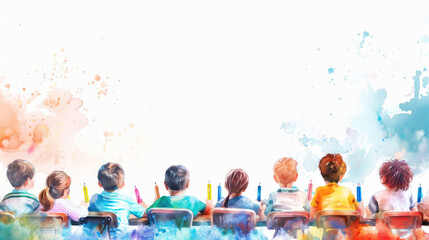 Banner, poster, children's drawing with colored pencils: schoolchildren, students sitting at the table, white background. Learning, children's education concept.