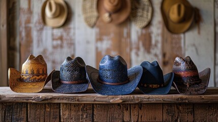 Collection of classic cowboy hats, various styles displayed on rustic wooden table, soft focus on intricate details, natural light
