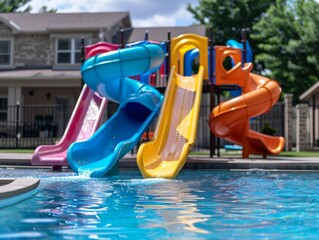 A slide, swimming pool at summer, playground