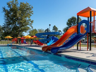 A slide, swimming pool at summer, playground