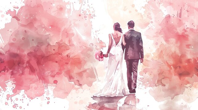 Watercolor wedding scene with a couple walking away, vibrant pink splashes enhancing romantic vibes