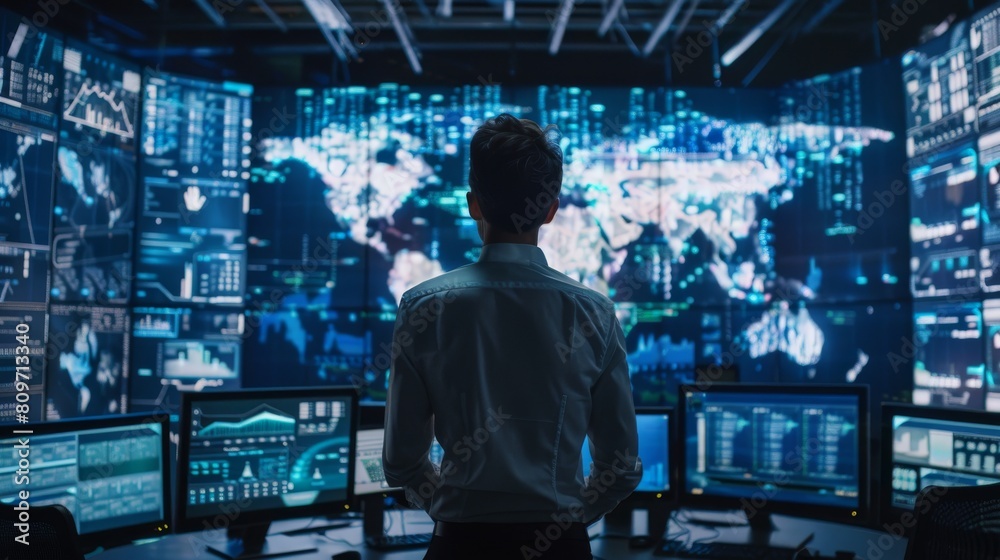 Aufkleber they are working in the data center and are surrounded by multiple screens displaying maps and logis