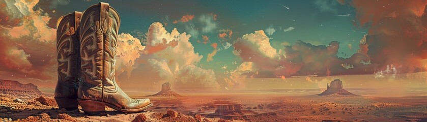 Surreal illustration of cowboy boots, melding with desert landscape, dreamy colors