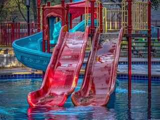 A slide, swimming pool at summer, playground